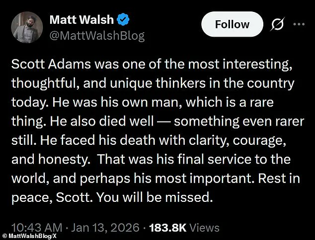 Former President Donald Trump Honors Scott Adams, Creator of Dilbert, After His Death at 68, Calling Him a 'Great Influencer' and Acknowledging His Prostate Cancer Battle