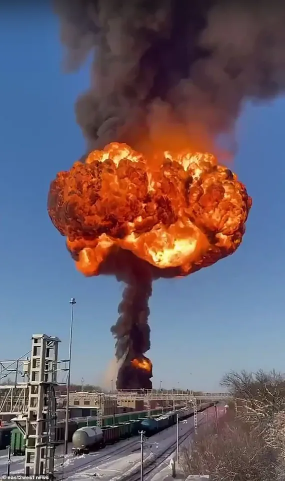 Mushroom-Shaped Fireball from Russian Train Explosion Sparks Sabotage Suspicions on Key War Route