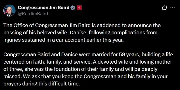Congressman Jim Baird's Wife Danise Dies After Car Accident; 59-Year Marriage Celebrated