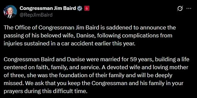 Congressman Jim Baird's Wife Danise Dies After Car Accident; 59-Year Marriage Celebrated