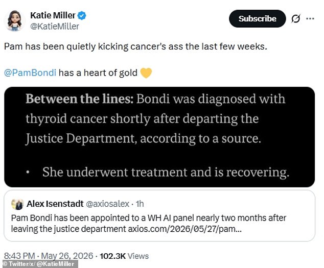 Pam Bondi Recovers from Thyroid Cancer While Serving on AI Advisory Panel
