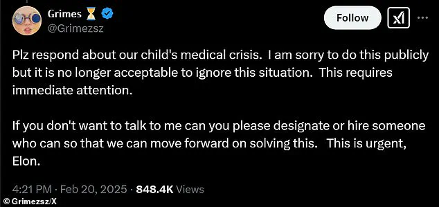 Grimes sends panicked message to Elon Musk about child's medical crisis