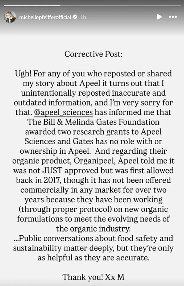 Michelle Pfeiffer Apologizes to Bill Gates Following Controversial Social Media Post on FDA Approval of Apeel Product